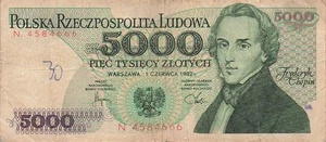 Polonia 5000 Zlotych 1.6.1982 Serie N Banconota Circolata N #17 - Foto 1 di 2