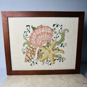 Vintage Beach Sea Shells Cross Stitch Wood Frame Art Embroidery Cottage Decor - Picture 1 of 10
