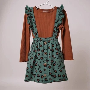 Wonder Nation Girl's 5T 2pc Set Orange Ribbed Shirt-Matching Sage Print Pinafore - Picture 1 of 2