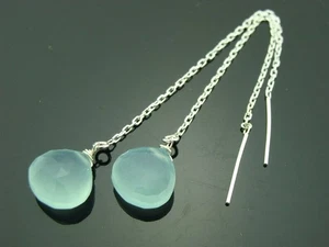 Blue Chalcedony Faceted Heart Beads Silver Plated Dangle Drop Threader Earrings - Picture 1 of 8