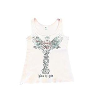Y2K Pink Bling Ribbed Tank Top Rhinestone Studded Heart Wings Grunge Cross Vegas - Picture 1 of 7