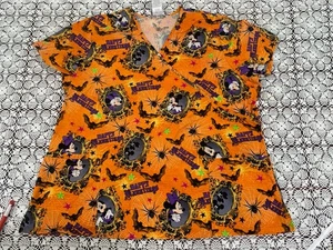 Disney Mickey Mouse Minnie Halloween Sz 2X Scrub Top Woman’s Pocket Nurse Vet - Picture 1 of 11