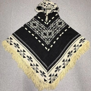 Wool Pullover Poncho Hooded No Tag Alpaca Peruvian Southwest Aztec - Picture 1 of 16