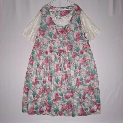 Roamans 复古 A 字裙 4X 蓝色绿色花卉短袖蕾丝奶奶奶 — 第 1/4 张图片