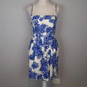 Shoshanna Floral Dress Blue White Sleeveless Sz 6 cotton blend pockets - Picture 1 of 17