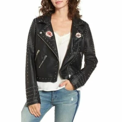 Jaqueta de couro sintético nova com etiquetas US$ 188 BLANKNYC denim cravejado floral moto - Imagem 1 de 4