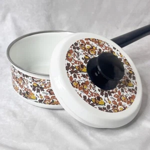 Cacerola y tapa vintage de porcelana esmaltada Fancipans años 70 marrón amarillo floral - Imagen 1 de 12