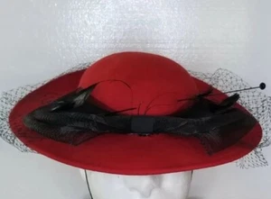 Vtg Ladies Church Dress Hat Made USA 100% Wool Net Bow Red Unbranded - Picture 1 of 12