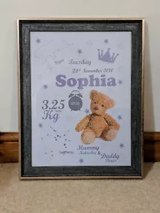 New Baby Birth PRINT A4 Christening/Birthday/ New baby/ Nursery /Gift - Picture 1 of 5