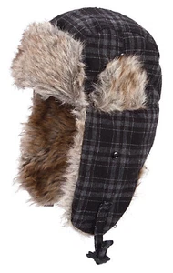 Hat Schapka Pilot Hat Black/Grey Checked Warm Winter Faux Fur Modern - Picture 1 of 2