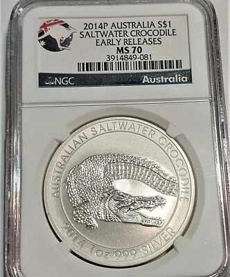 2014-P AUSTRALIA $1 SALTWATER CROCODILE 1oz SILVER COIN NGC MS70 EARLY RELEASES - Image 1 of 3