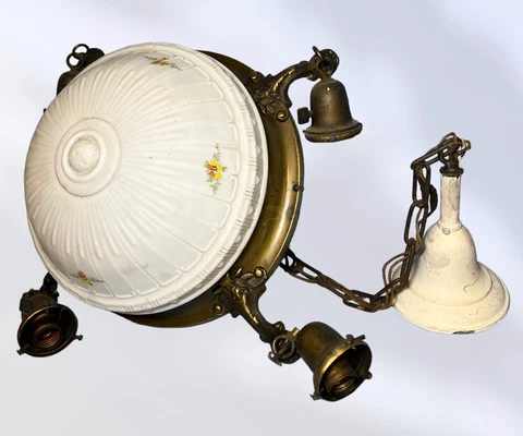Antique 5 Light brass pan chandelier w/ White Floral center bowl Shade 21” Cover
