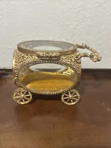 Vintage Ormolu Gold Filigree Jewelry/Trinket Box, Beveled Glass, Footed Carriage - Picture 1 of 5