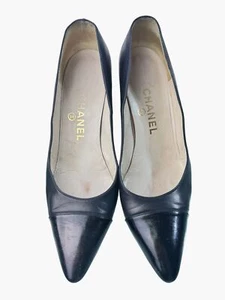 Vintage Chanel Black Leather Pointed Toe Heels Size 7.5 Made In Italy- LT3292 - Picture 1 of 6