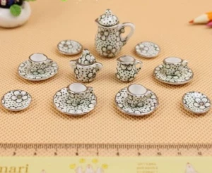 1:12 Puppenhaus Miniatur Porzellan Küchengeschirr Kaffee Teekanne Tasse Set 15 Teile - Bild 1 von 12