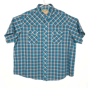 Wrangler Mens 2XL/2XB Bright Blue Plaid Short Sleeve Pearl Snap Western Shirt - Picture 1 of 3
