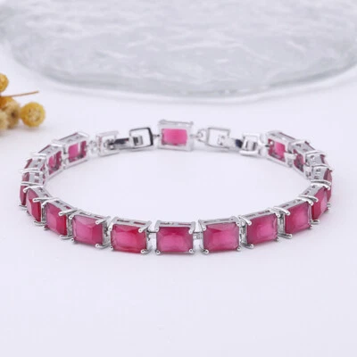 New Luxury Women Jewelry Rectangle Rose Red Jade Gemstone Charm Silver Bracelet - Image 1 of 4
