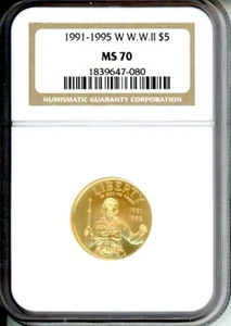1991 - 1995 - W $5 WORLD WAR 2 WW-II COMMEMORATIVE GOLD COIN NGC MS-70 MS70 !!! - Picture 1 of 2