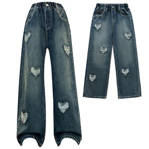Kids Girls Pants Heart Trousers Wide-Leg Jeans High Waist Dailywear Dance Jazz - Picture 1 of 18