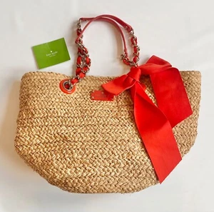 Neu mit Etikett Kate Spade Point Breeze Coal Straw Beuteltasche Tasche orange Schleife NEU gefüttert - Bild 1 von 8