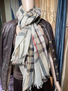 Nova Check Beige Plaid Scarf Wrap Viscose Fringed Large Rectangle ~76”x36” - Picture 1 of 12