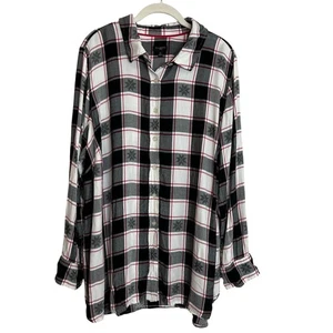 Talbots Woman Plaid Button Up Shirt 2X Black White Red Snowflakes Long Sleeve - Picture 1 of 5