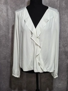 White House Black Market Long Sleeve V-Neck Ruffle Tie Blouse White Womens Sz 8 - Picture 1 of 5