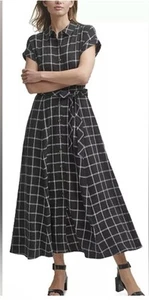 NWT CALVIN KLEIN Gauze Windowpane Midi Shirtdress Belted Sz 2 - Picture 1 of 6