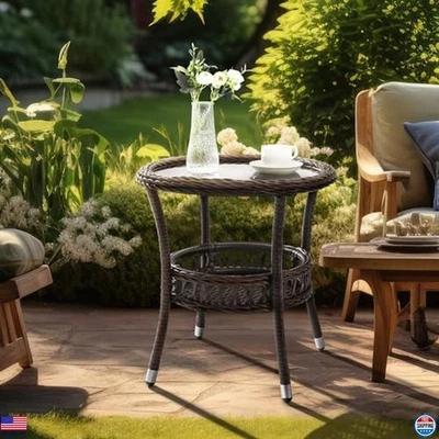 Stylish Round Wicker Side Table - Rattan Bistro Table with Storage & Glass Top Foto 1 de 4