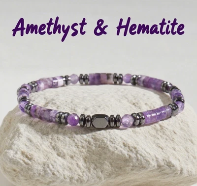Pulsera de cuentas elásticas de amatista natural hematita cristal curativo regalos energéticos Foto 1 de 4