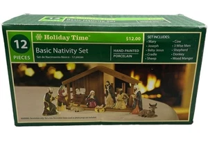 holiday time 12-tlg. Basic Krippe handbemalt Porzellan Holz braun LESEN - Bild 1 von 5