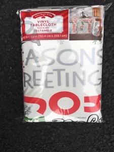 Christmas Vinyl Tablecloth 60 x 102 White Seasons Greetings Joy Happy Holidays - Picture 1 of 1