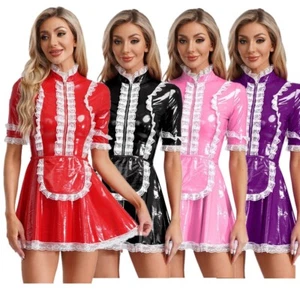 Womens PVC Leather French Maid Costumes Lace Trim Short Sleeves Mini Dress - Picture 1 of 45