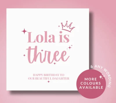 Princess 3rd Birthday Card for Daughter – Custom Name Age Card – Pink Crown - Image 1 of 4