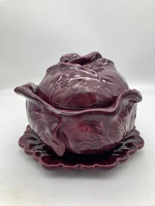 Purple Holland Mold Ceramic Cabbage Lettuce Serving Dish Plate 3 Piece Set! SEE! - Picture 1 of 9