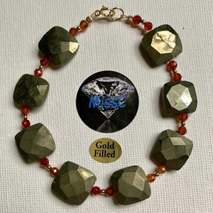 14K GOLD FILLED PYRITE AND SPESSARTITE GARNET BRACELET, STAMPED, UNTREATED - Picture 1 of 6