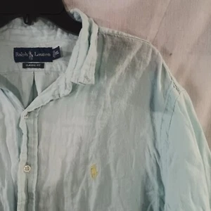 Camicia uomo Ralph Lauren blu 100% lino manica corta con bottoni taglia large - Foto 1 di 5