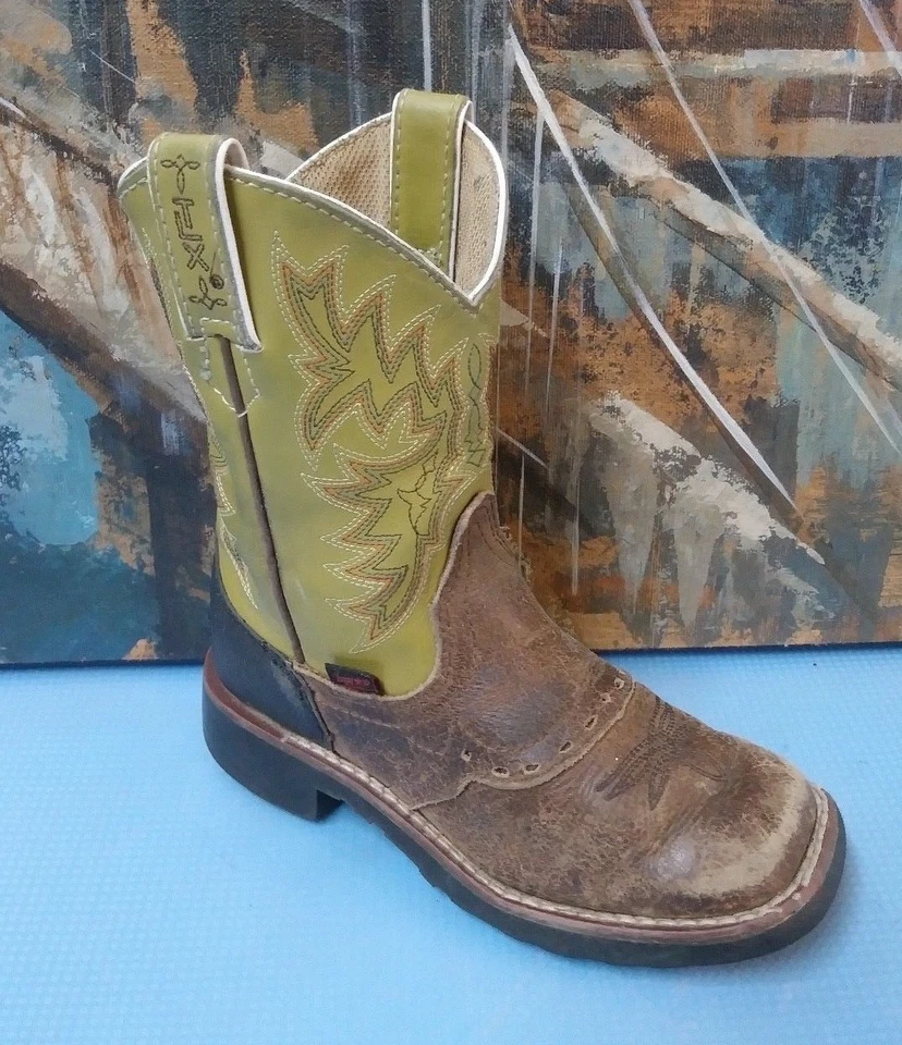 Tony Lama 904 Youth 10.5 D 棕色/绿色皮革方头西部牛仔靴 — 第 1/1 张图片