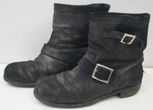 JIMMY CHOO Black Grey Metallic Coarse Suede Leather Ankle Biker Boots 41.5 UK8.5 - Picture 1 of 12