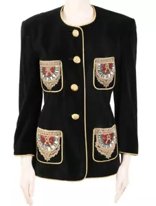 Vintage ESCADA Margaretha Ley Velvet Jacket 38 Black Gold Piping Trim Beaded 8 M - Picture 1 of 11