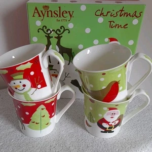 Aynsley Christmas Mug Set of 4 robin snowman reindeer Santa boxed - Picture 1 of 14