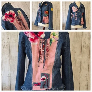Chaqueta de mezclilla italiana reelaborada única parche de apliques peculiar borla floral 10-14 - Imagen 1 de 24