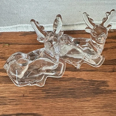 Juego de 2 mini candelabros cónicos reno ciervo estatuillas de vidrio transparente Foto 1 de 3