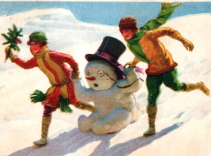 Muñeco de nieve de Navidad niños jugando postal - Imagen 1 de 3