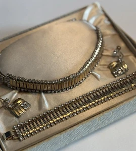 Vintage Nachlass Art Deco Halskette Ohrringe Armband Parure Set Strass mit Box - Bild 1 von 23