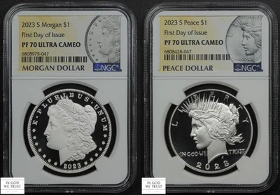 2023 S 2-Coin Proof Set FIRST DAY OF ISSUE Morgan & Peace Dollars $1 NGC PF70 UC - Image 1 of 4