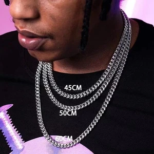 18-24"Men's Titanium Steel 6/8/10 mm Silver Miami Cuban Curb Chain Necklace - Picture 1 of 10