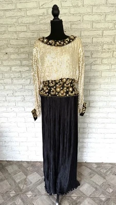 Vintage George F. Couture Hand-Beaded Sequin Silk Blend Dress Sz 10 Black Gold - Image 1 of 4