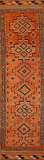 Vintage Orange Geometric Oushak Oriental Runner Rug 3x11 Hand-made Turkish Rug