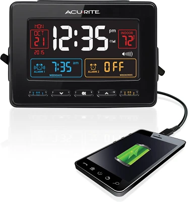 AcuRite 13024 Reloj Despertador Doble Atómico con Carga USB, Negro Foto 1 de 4
